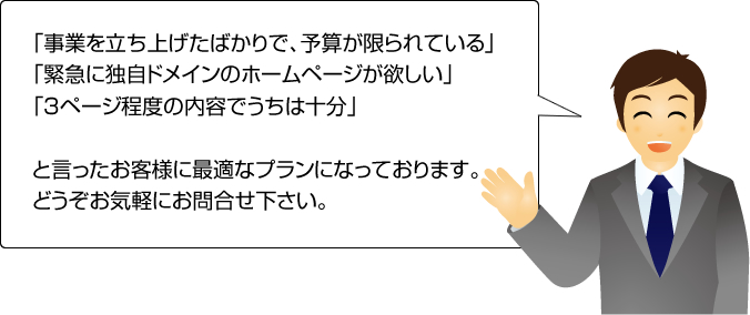 予算が厳しい、独自ドメインがほしい、３ページで十分というお客様へのプランです